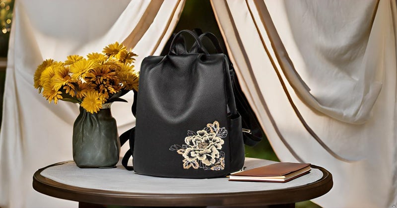 BOYATU Genuine Leather Backpack for Women: Elegant Floral Designer Purse - Small Shoulder Bag for Travel (Black) - Image 3